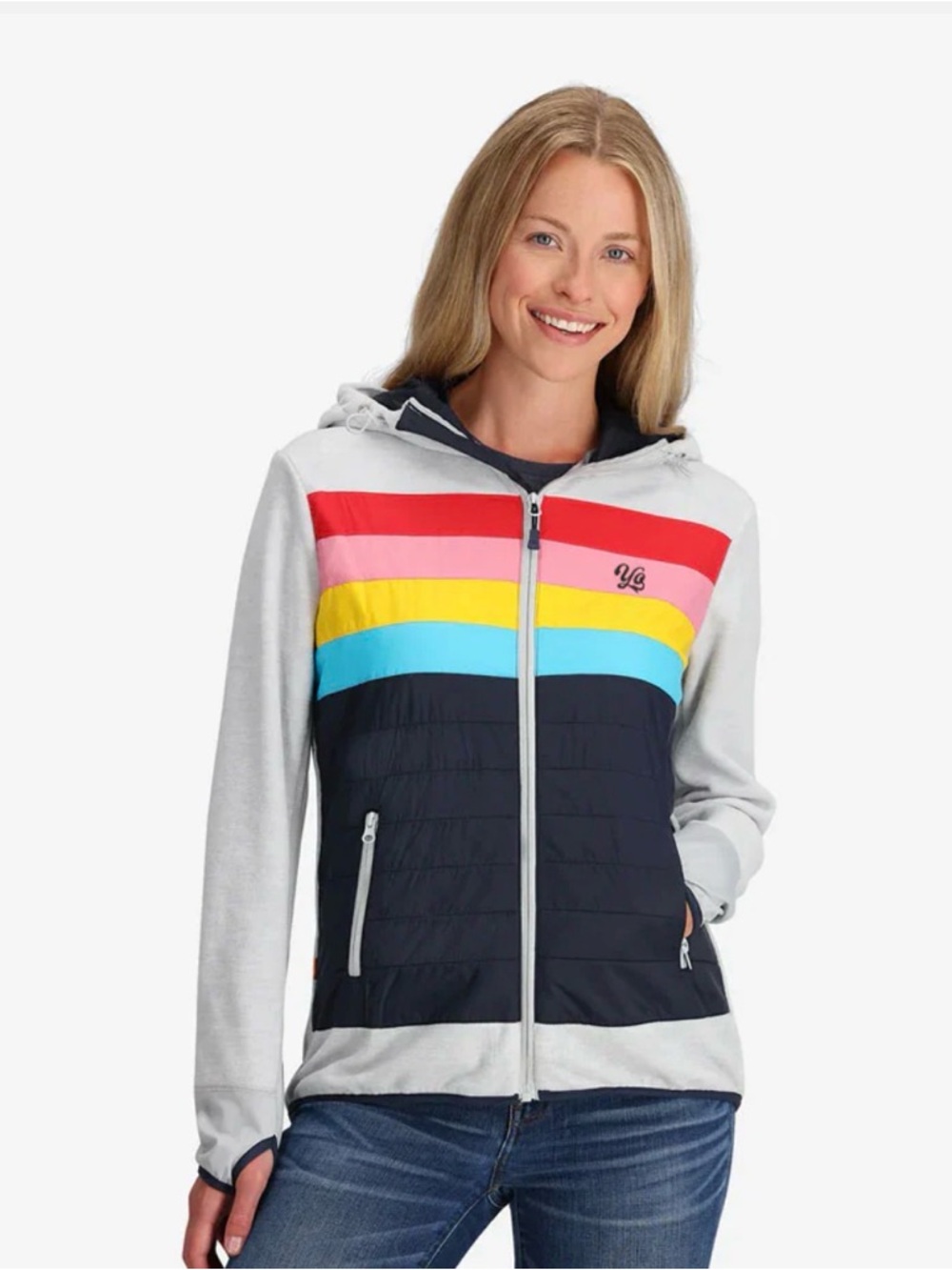 YoColorado Women’s Momentum Light Gray Fleece, Color-Block Stripe Hooded Jacket